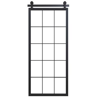 China Hot Mountain 3 Window Decoration Glass Metal Barn Door with Installation Hardware Kit Interior Door with Black Steel Frame for sale