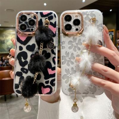 China Luxury Shockproof With Leopard Print Furry Chain Phone Case For iPhone 14plus 13Pro 12 11promax XS XR XSmax Plating IMD Phone Case Cover for sale