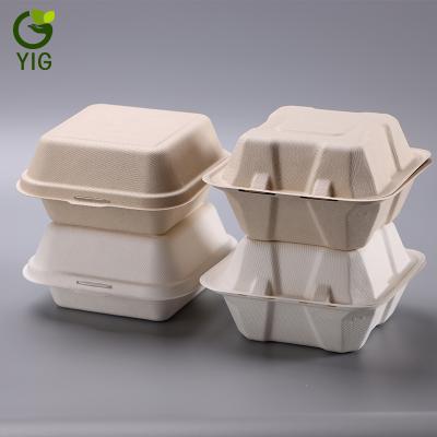 China Eco - Friendly Disposable Single Hold Sugar Cane Pulp Packaging Hamburger Disposable Box for sale