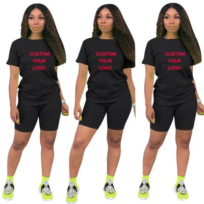 China QUICK DRY Custom Your Logo T-Shirts And Shorts Two Piec Set Summer Women Short Sleeve O-Neck 2 Piece Casual Joggers Biker Shorts Outfit for sale