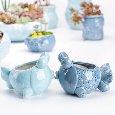 China Vintage Marine Ceramic Succulent Flower Pot Ocean Plant Pot Blue Sea Design Porcelain Potted Basin Whales Starfish Shell Fish Planter for sale