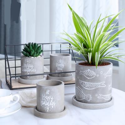 China Water proof Indoor Cylindrical Carving Pattern Grey Cement Plants Flower Pots for sale