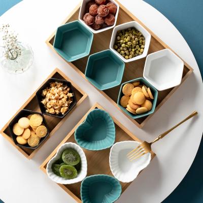 China Wholesale Viable Matte Glaze Creative Appetizer Bowls Sauce Snack Dish Nordic Ceramic Serving Dish Set With Bamboo Tray for sale