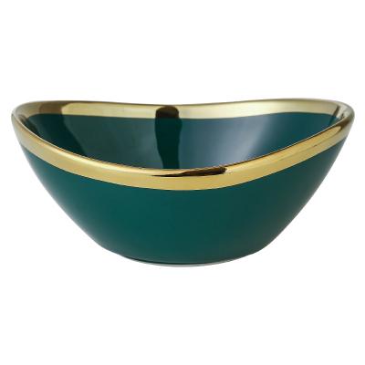 China Sustainable Hot Selling Eco-Friendly Items Gold Ingot Shape Luxury Dark Green Fruit Salad Bowl Ceramic Bowls for sale