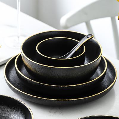 China Viable Wholesale Western Restaurant Used Matte Black Plates Custom Logo Ceramic Dinnerware Sets for sale