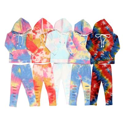 China New Casual Multicolor Dye Tie-Dye Children's Sweatshirt Girls Print Drawstring Hooded Sports Two-Piece Set for sale