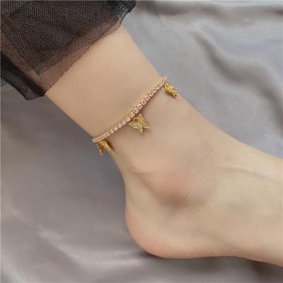 China Trendy Summer Beach Jewelry For Women Gold Plated Tennis Butterfly Anklets Zircon Foot Copper Adjustable Anklet for sale