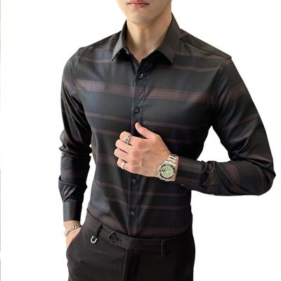 China Wholesale polyester silk striped spandex ice factory anti-pilling long sleeve dress shirt for men for sale