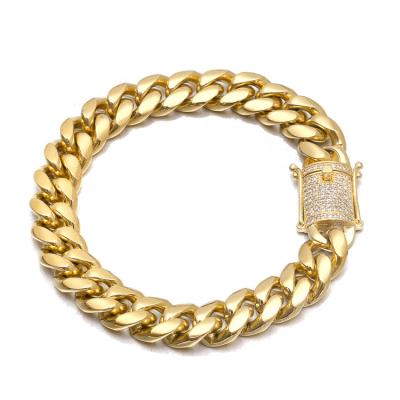 China 316l Stainless Steel 14k Gold CZ Diamond Miami Cuban Chain Link Bracelet For Men for sale