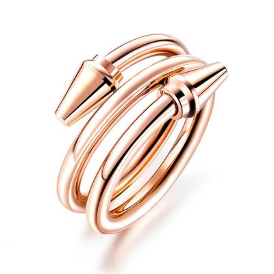 China Hot Selling Stainless Steel Rose Gold Adjustable Wrapped Bent Stainless Steel Love Nail Ring For Women for sale