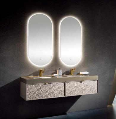 China 2020 Modern New Design Bathroom Cabinet Vanity Double Sink LED Mirror Plywood Bathroom Furniture for sale