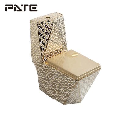 China Double-Flow Ceramic Oval Pedestal Ceramic Oval One-Piece Hotel Gold Modern Toilet Set for sale