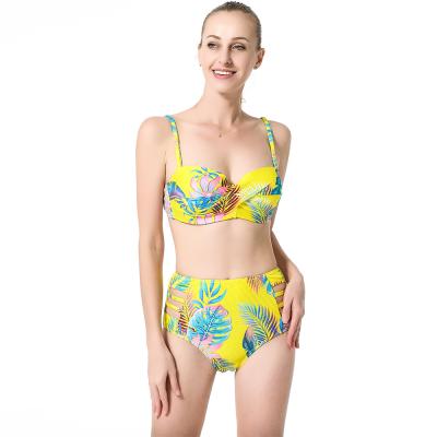 China 2021 Women's Breathable Wholesale Swimwear Factory High Waist Leaf Printed Girls Bikini Set for sale