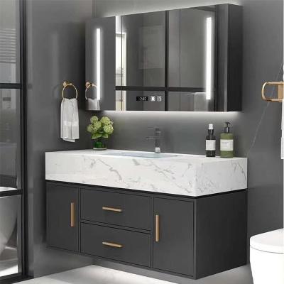 China Water Proof Custom Style Bathroom Artificial Marble Vanity With Tempered Glass Wall Hung Bathroom Furniture for sale