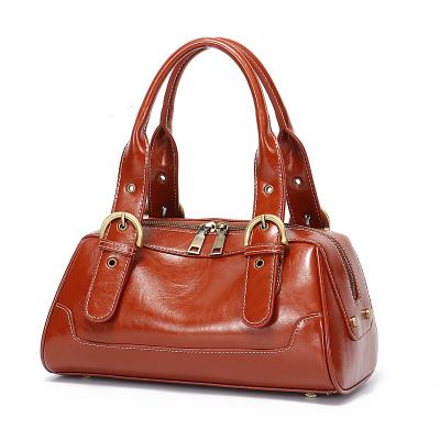 China Factory Custom Shoudler Handbag Oil Waxed Genuine Leather Bag Vintage Top Handle Clutch Pillow Boston Handbag For Women for sale