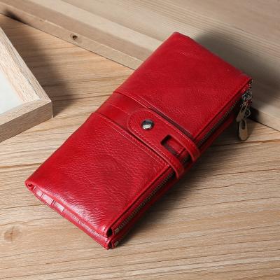 China Genuine Leather Card Holder Multifunctional Ladies Purse RFID Waterproof Women's Retro Long Wallet for sale