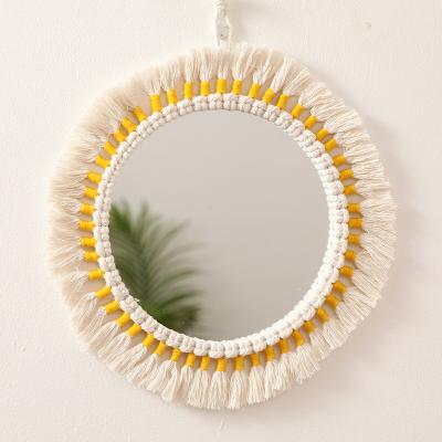 China Modern Rustic Antique Round Wood Mirror Tapestry Beaded Boho Mirror Wall Hanging Macrame Home Decor For Gift for sale