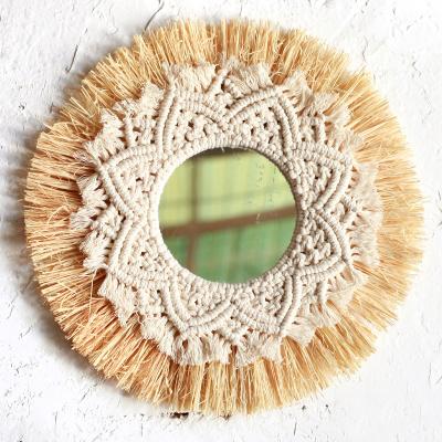 China Other Style Boho Cotton New Raffia Handmade Tapestry Decor Macrame Mirror Wall Hanging for sale