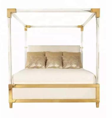 China Eco-friendly luxury high quality modern style acrylic bed with brass metal lucite bed frame king queen size customizable for bedroom for sale