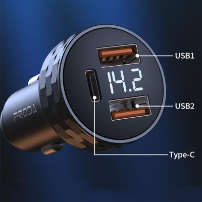 China PRODA Mobile Phone 12V 24V 54W Max Dual USB A Type-C Totally 3 Output Ports Aluminum Alloy Fast Charging Car Charger with Digital Display for sale