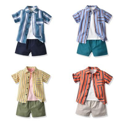 China Hot Sale Kids Casual 2021 Summer Shorts Sleeve Striped Solid Color Shirt Shorts 3PCS Set Boys Sportswear for sale