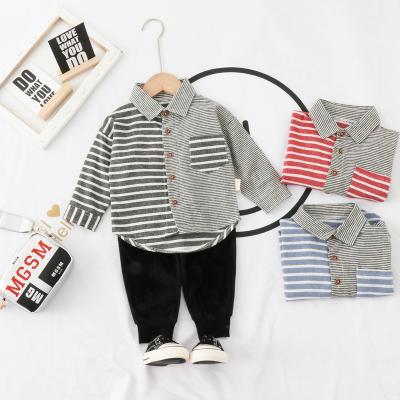 China 2020 washable spring and autumn fashion boutique boy suit striped casual shirt pants two-piece for sale