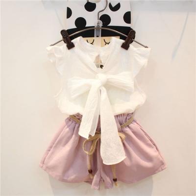 China Hot sale summer girl dress outfits washable with new summer bow tie T-shirt lanyard belt sleeveless shorts for sale