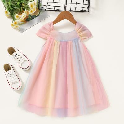 China 2021 Girls Summer Short Sleeve Skirt Breathable Striped Kids Rainbow Clothes Kids Lace Up Princess Dress Dress for sale