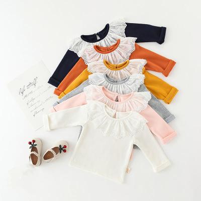 China 2021 Autumn Newborn Solid Color Kids Breathable Knit Lace Doll Collar Tank Top Infant Baby Blouse for sale