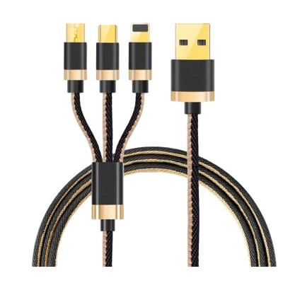 China Hot Selling Cell Phone Fabric Braid 3 in 1 Cowboy Phone Charging 3A USB Cable for iphone for sale