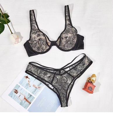 China Seamless Black Sheer Top Bottom Bralette Set Lace Embroidery Bralette And Panty Set Unlined Bra Women Lace Up Lingerie Set for sale