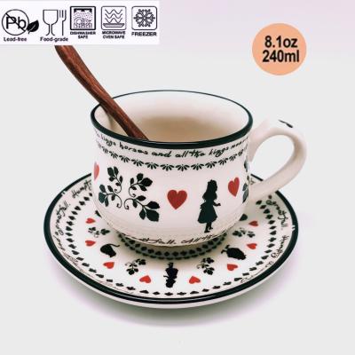 China 240ml Viable Chinese Modern Ceramic Tea Cup And Saucer Cup With Wooden Spoon Alice Porcelain Coffee Cup Set For Girls Gift Nice for sale