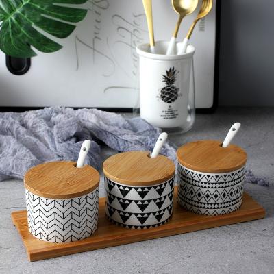 China Viable Japanese Kitchen Seasoning Jar With Lid Spoon Ceramic Bamboo Seasoning Set Nordic Ceramic Seasoning Storage Box for sale