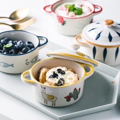 China Viable Nordic style hand-painted cute ceramic bowl with lid microwave oven use baby food bowl pudding bowl for sale