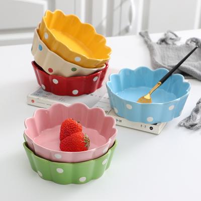 China Modern Design Dots Decaled Wave Shape Ceramic Dish Viable Cooking Terrine for sale