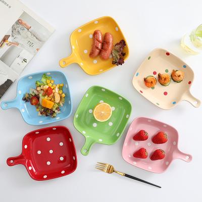 China Sustainable Cute Multi Color Kitchenware Wholesale Cute Design Ceramic Stain Dish With Handle for sale