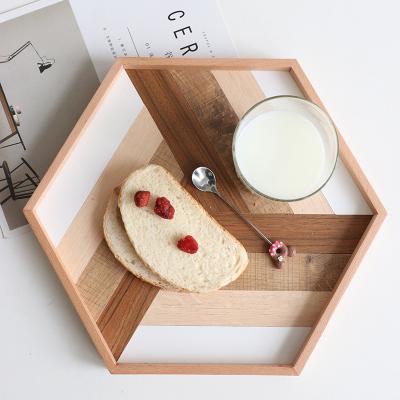 China Sustainable Nordic Style Hexagon Wooden Tray Storage Plate Simple Geometric Baking Dish Shooting Props Wooden Dish for sale