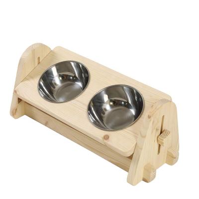 China Stainless Steel Pine Pet Feeder Wooden Stand Removable Double Wheels Dog Bowl for sale