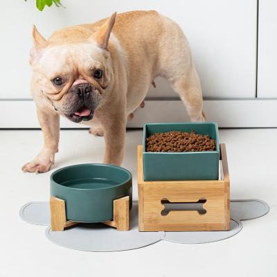 China 2021 Viable Wholesale Color Glazed Double Ceramic Cat Dog Bowl Food And Water Bowls With Wooden Rack for sale