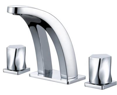 China Metered Faucets Deck Mounted Three Hole Rainbow Shape Basin Mixer With Double Lever for sale