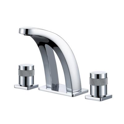 China Metered Faucets Chrome Plating Deck Mounted Three Hole Basin Mixer With Two Handles for sale