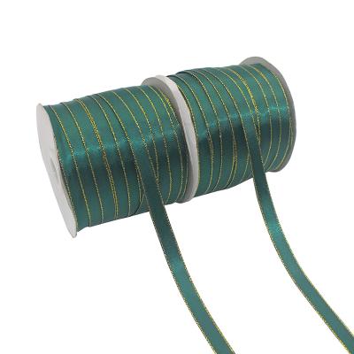 China Wholesale Viable Dark Green 10mm Terylene Ribbon With Double Gilt Edge Face Yarn Edge Ribbon for sale