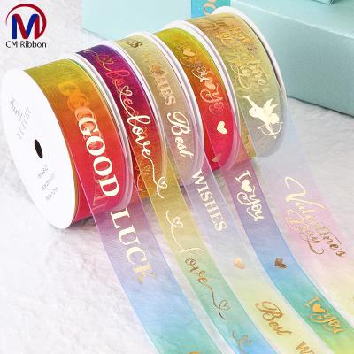 China Factory wholesale custom viable print gold rainbow organza silk ribbon for sale