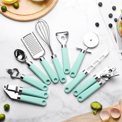 China Manufacturer Direct Selling SQ-5012 PP Handle Stainless Steel Viable Plastic 9 Pieces Set Kitchen Tools Cheese Knife Pizza Wheel for sale