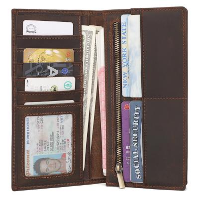 China Brown Fashion Bi-fold Hot Sale Full Grain Leather Men's RFID Amazon Wallet Large Capacity Waterproof Luxury Vintage Men's Wallet Long for sale