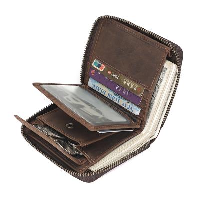 China Custom Vintage Crazy Horse RFID Rfid Leather Wholesale Leather Mini Card Holder Coin Purse Men's Coin Purse Brown Zipper Coin Purse for sale