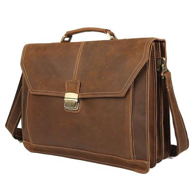 China Brown Leather Laptop Bag Classic Professional Vintage Crazy Horse Leather Tote Fashion High Quality Genuine Leather Men Briefcase 15.6