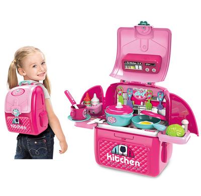 China Kids Cooking Set 2 in 1 Backpack 2 IN 1 Backpack Kitchen Utensil Tableware Toys Plastic Kitchen Set Toys for Girls Accept btc ltc usdt for sale