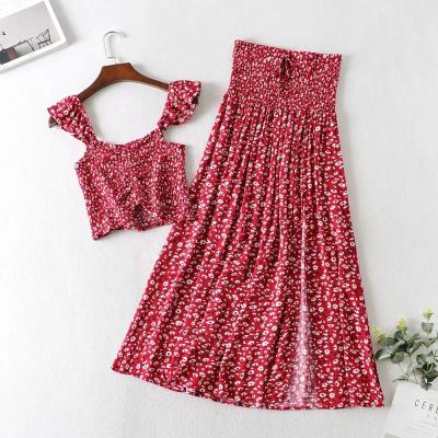 China B52519A Sustainable Lady Fashion New Vintage Style Holiday Floral High Waist Slit Skirt Sets for sale