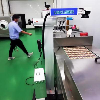 China Mask Pattern Marking 50W Customized Conveyor Flying Fiber Laser Logo Printing Machine for sale